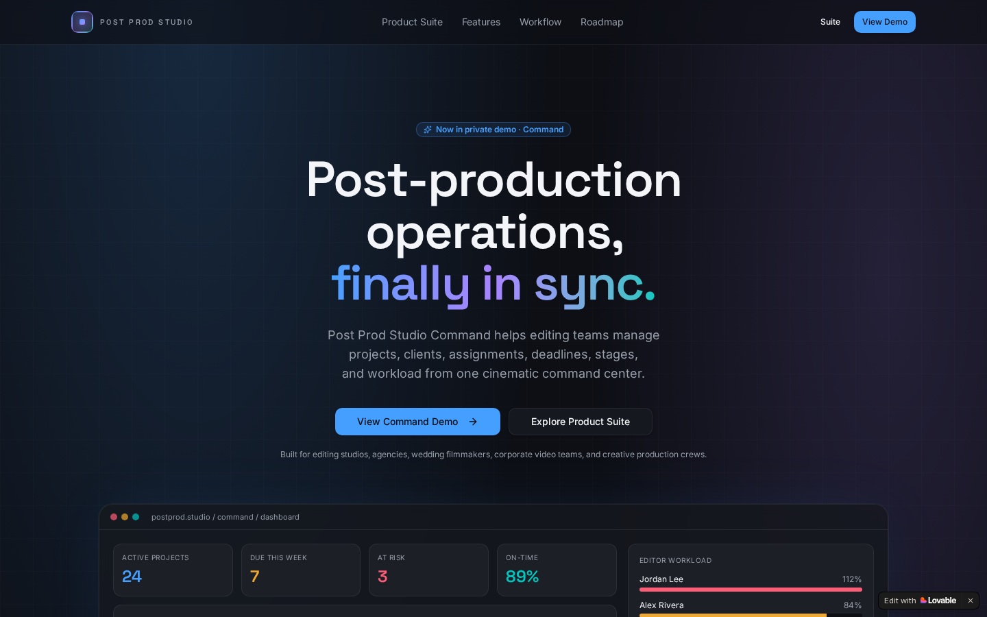 Post Prod Command Center — landing page