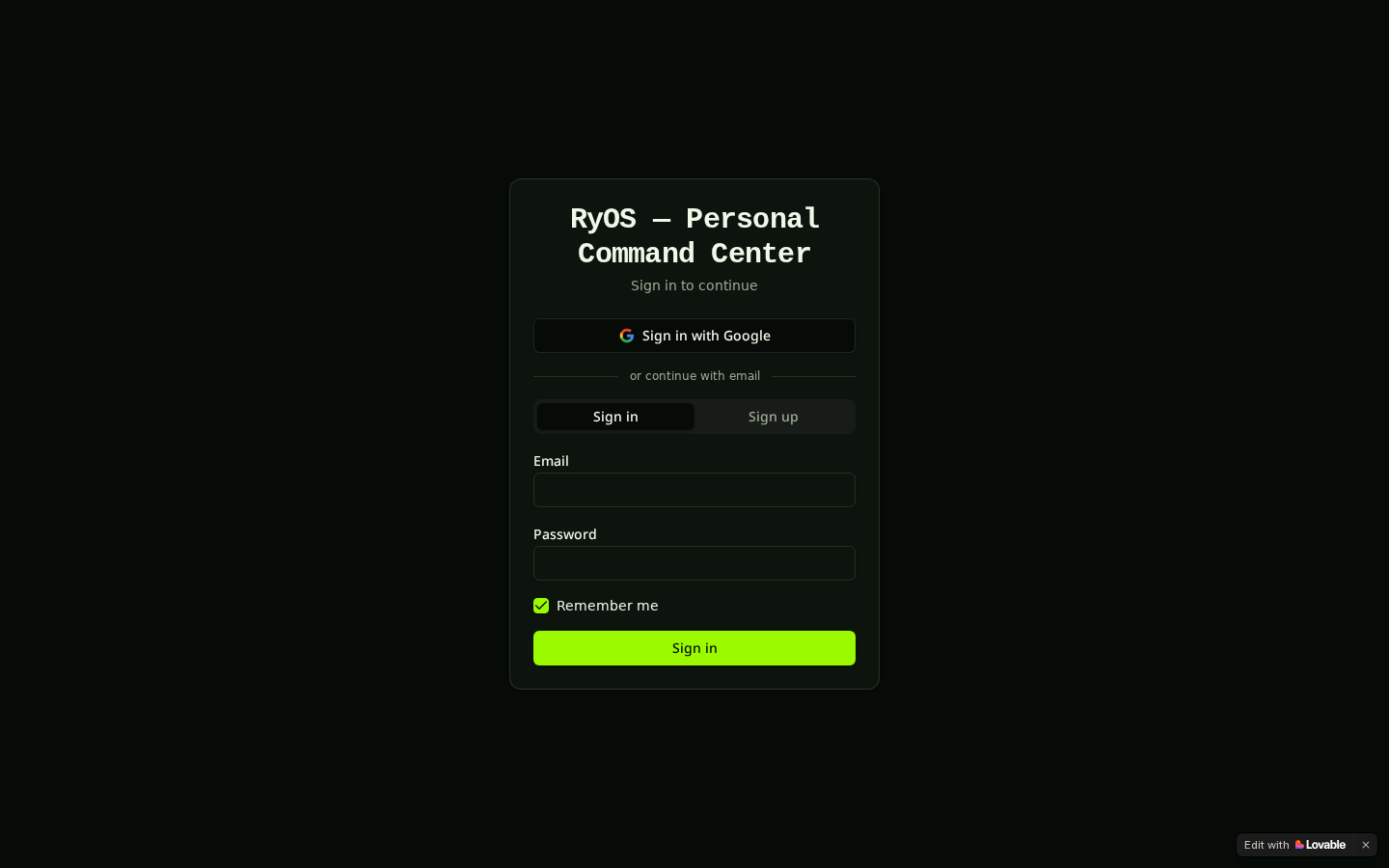 RyOS Command Center — landing page